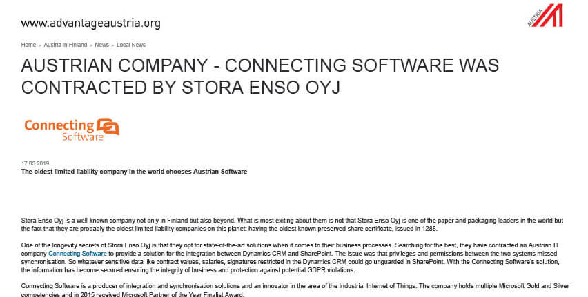 Austrian Company - Connecting Software Was Contracted By Stora Enso Oyj