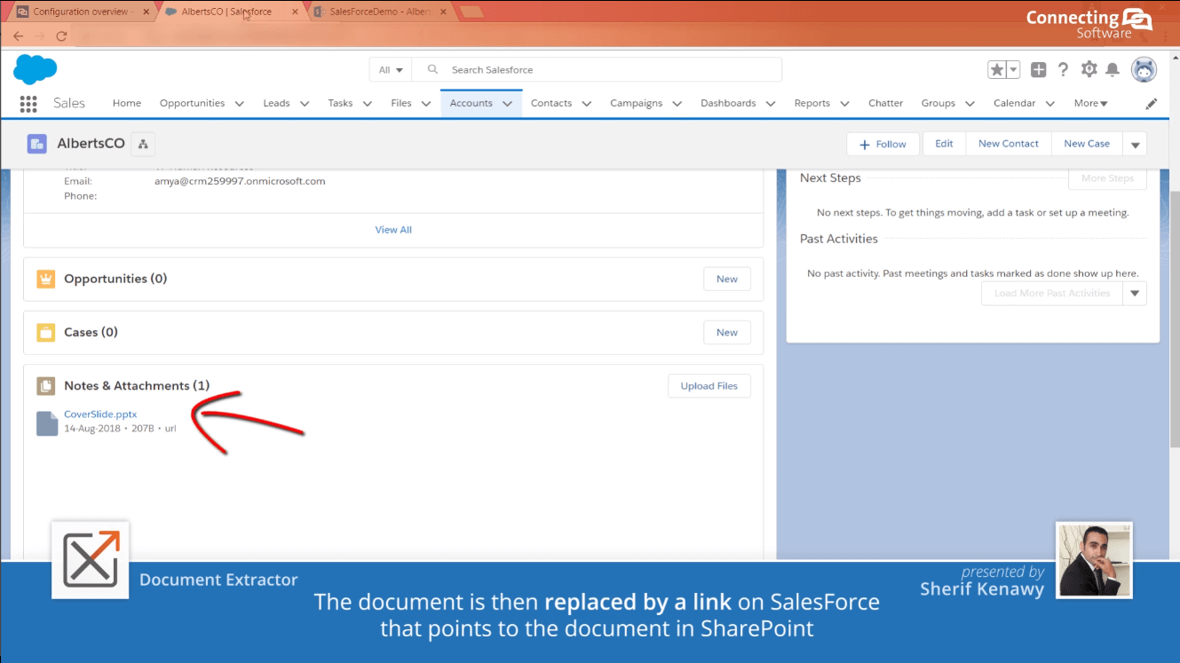 the document is replaced by a link on salesforce that points to the document in sharepoint