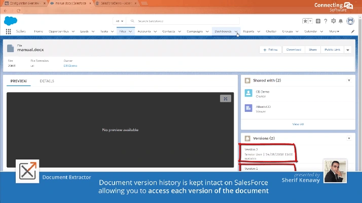 Der Versionsverlauf des Dokuments wird in Salesforce intakt gehalten, sodass Sie auf jede Version des Dokuments zugreifen können.